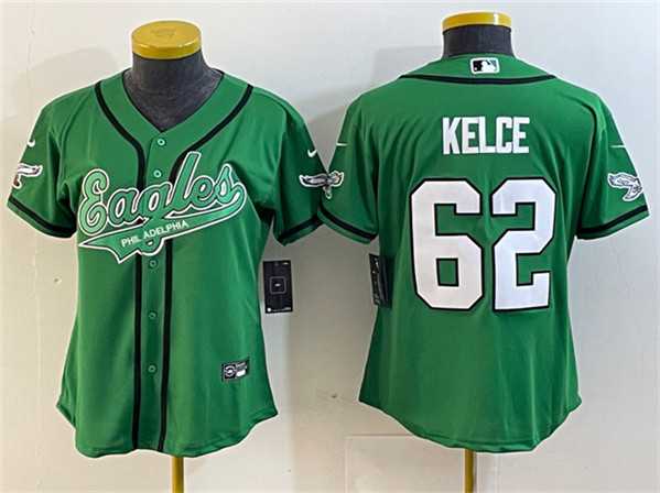 Womens Philadelphia Eagles #62 Jason Kelce Green Cool Base Stitched Baseball Jersey(Run Small)